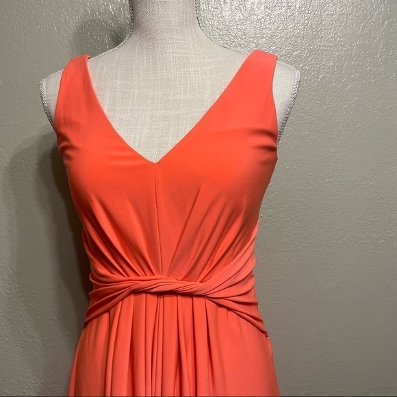 T Tahari Sleeveless Twist Front V Neck MIDI Dress Bright Salmon - Picture 5 of 13